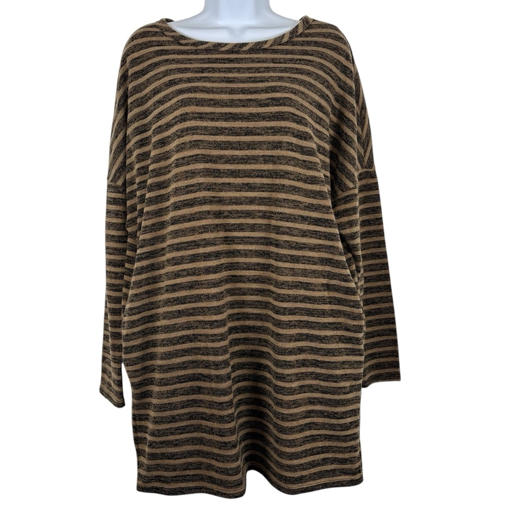 Chris & Carol Striped Knit Tunic Top Brown Tan Size L USA Made Cozy Casual